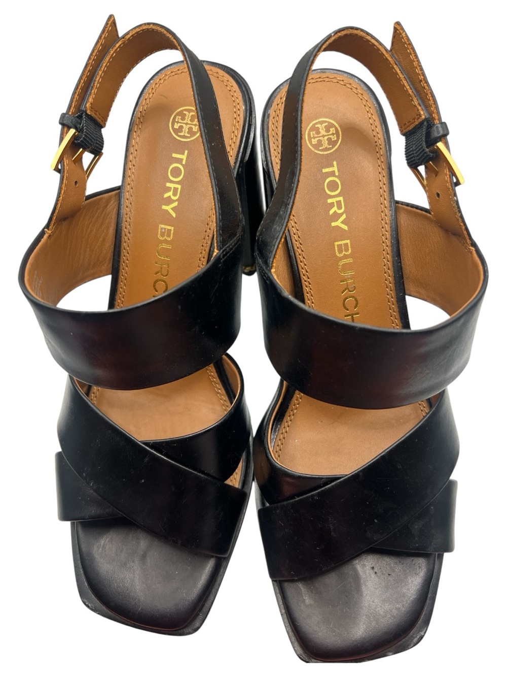 Tory Burch Ruby Chain Slingback Block Heel Sandals Black Leather Size 9 - Picture 4 of 11